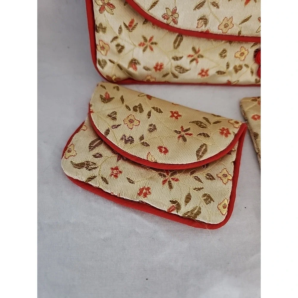 Floral Brocade 3pc Set Clutch Tissue Holder Coin Purse Cream Red Gold Trim